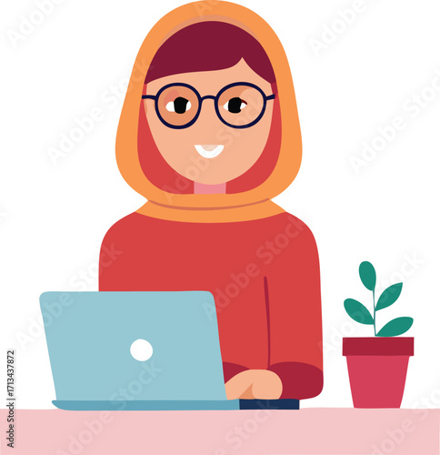 Modern muslim woman working on laptop with plant diverse representation digital nomad lifestyle remote work technology