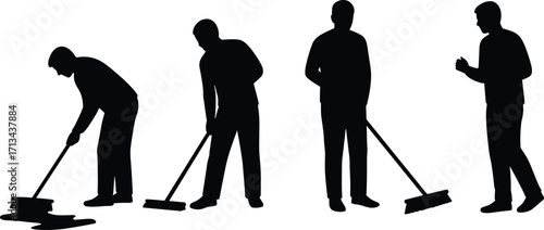 Silhouette workers cleaning floor, janitors sweeping, maintenance staff mopping, teamwork in cleaning service, professional cleaning crew, workplace hygiene concept.