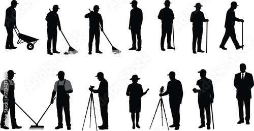 Silhouette workers, farming tools, gardening, construction, labor jobs, microphone speaker, tripod camera, teamwork, agriculture, occupation diversity, black silhouettes, professions illustration