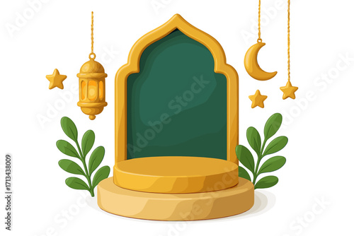 Islamic 3D podium product display for Ramadan Kareem. Pedestal stage background for celebration with golden lantern, crescent moon, stars. Vector for Eid Mubarak greeting card.