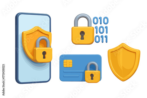3D mobile security icon set. Smartphone data protection, credit card safety, financial encryption, and privacy concept. Vector cartoon for cybersecurity and secure payment.