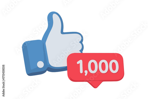 3D social media like icon with thumb up hand and a notification counter showing 1,000 likes. Symbol for online engagement, popularity, clicks and community feedback success.