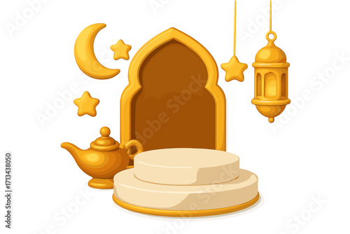 3d product podium for Islamic celebration banner. Ramadan Kareem background with stage for product display. Vector illustration for Eid Mubarak with lantern, moon, stars and arch.