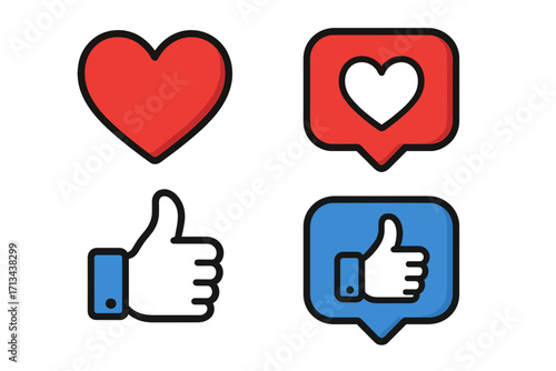 4K Social Media Love and Like Icons Set, Animated Heart and Thumb Up Vector Cartoon Illustration, Transparent Background, Digital UI Symbols for Posts and Engagement