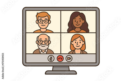 Group video conference call user interface with diverse participants, remote online meeting illustration, vector cartoon set, virtual teamwork and communication concept