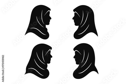 Islamic woman silhouette wearing hijab vector logo design, Muslim female headscarf profile illustration set, modest fashion symbol, cultural and religious identity, traditional veil icons