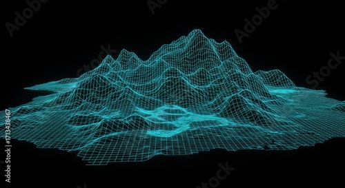 A geometric bluegrid mountain range on a black background showcasing a digital or wireframe design