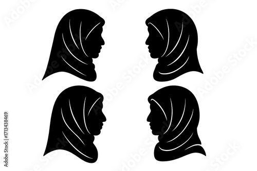 Silhouette of Islamic Woman Wearing Hijab, Vector Cartoon Illustration, Transparent Background, Diverse Headscarf Styles, Modest Fashion Set, Muslim Female Profile Collection