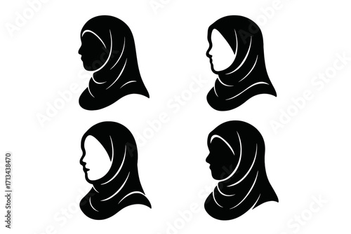 Vector silhouette of Islamic woman wearing hijab, elegant Muslim female profile icons, cultural headscarf illustration set, black and white minimalistic logo designs with transparent background