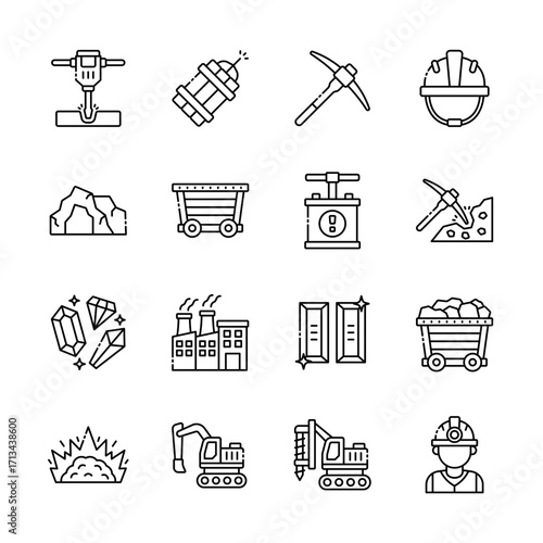 Mining and industry line icons set for extraction and production