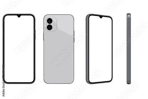 Realistic 3D smartphone mockup set with different angle views, front and back, vector cartoon illustration, transparent background, technology device display design, ordered collection