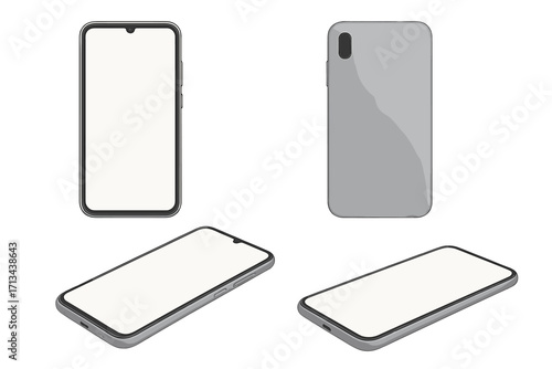 Realistic 3D smartphone mockup in various angles, front and back views, vector cartoon illustration with transparent background, modern tech device showcase set, digital gadget design elements