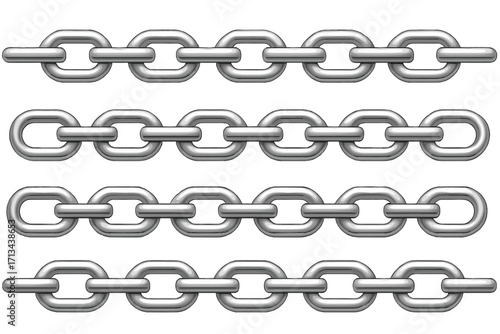 Realistic seamless glossy metal chains vector illustration with transparent background, shiny silver links, durable heavy-duty industrial connection, seamless set design