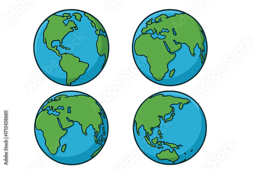 Set of four detailed Earth globes showing different world map views, colorful vector cartoon illustration, geographic layout with continents and oceans, global map collection