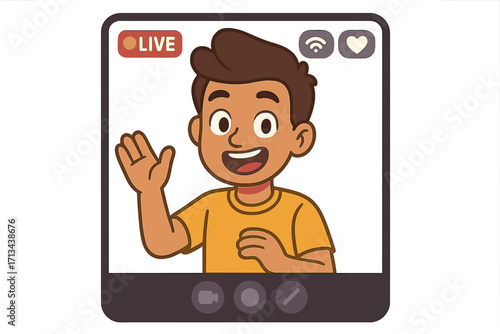 Social media live streaming video avatar with user frame, cartoon vector illustration of happy young man waving hand, transparent background, online broadcast concept