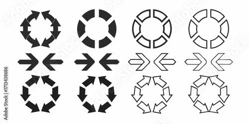Collection of circular and opposing arrow designs in black and white illustration format shown clearly | editable eps vectors silhouette