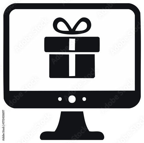 Online Gift Box Icon Displayed on Computer Monitor Screen for Digital Presents and Shopping