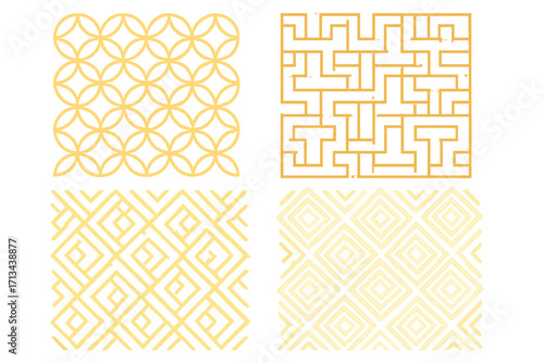 Abstract luxury geometric pattern collection, seamless decorative gold vector designs with transparent background, elegant ornate shapes, modern stylish repeat set for backgrounds and textiles