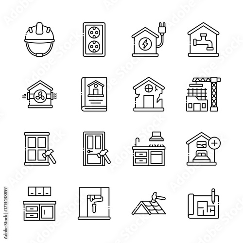 Construction and real estate line icons set for housing and building use