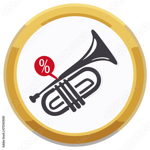 Horn illustration with sale discount badge inside a golden frame for business promotional banner and musical events