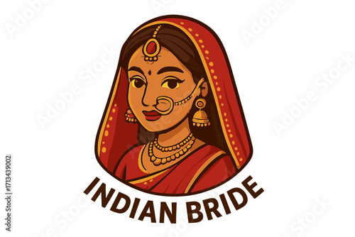 Beautiful Indian Bride Logo Design, Traditional Hindu Wedding Woman in Red Sari with Jewelry, Nose Ring, Necklace, Earrings, Cultural Ethnic Bridal Portrait Vector Illustration