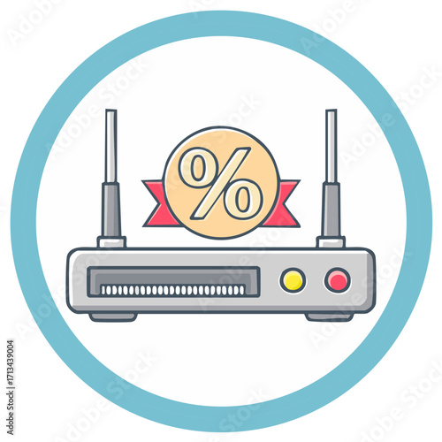 Wi Fi router and percentage sign badge vector icon for internet provider sales and broadband discounts