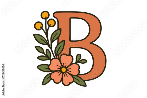 Elegant floral letter B design with botanical leaves and bright flowers, minimalist typography logo concept, vector cartoon illustration on transparent background, decorative alphabet