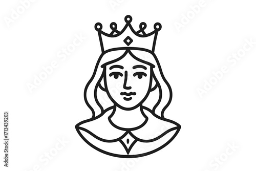 Queen line art logo icon. Royal woman head with crown. Princess face bust symbol. Beauty salon or jewelry brand emblem. Elegant female portrait for luxury company identity.