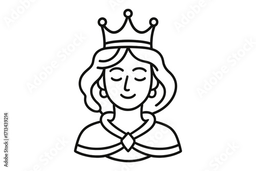 Queen line art logo icon. Royal woman with crown vector illustration. Princess head portrait for beauty salon or brand. Elegant female character symbol design for fairytale.
