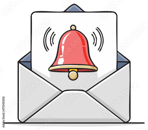 Alert bell emerging from an open envelope with sound waves emanating