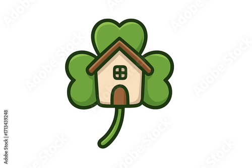 Clover leaf house logo vector cartoon illustration. Lucky home icon for real estate or property business. Green nature eco-friendly housing concept design element for brand.