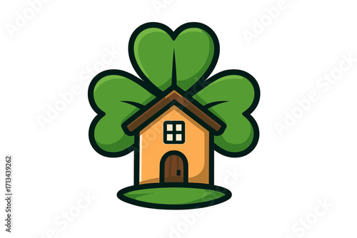 Lucky house logo with three-leaf clover. Vector cartoon illustration for real estate or property. Eco-friendly home concept. Good luck shamrock symbol for St Patricks Day.