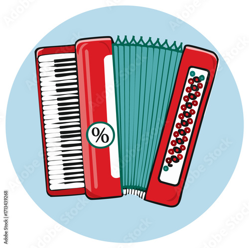 Red Concertina Musical Instrument with Keys and Percentage Icon in Circle Design