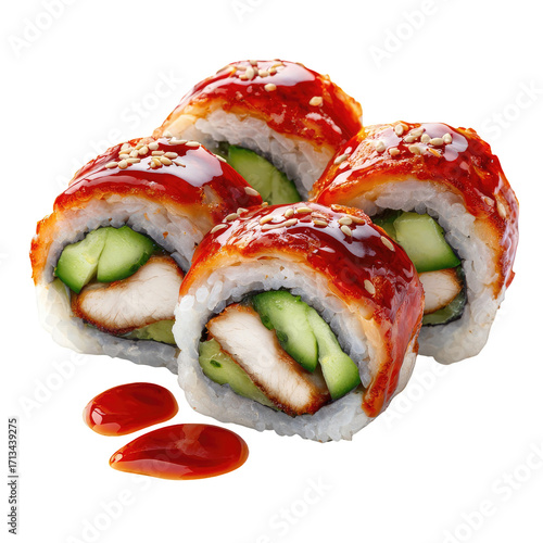 Four pieces of sushi rolls, glazed with red sauce, topped with sesame seeds, and filled with cucumber and fried chicken