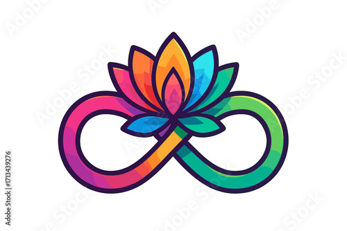 Colorful lotus flower with infinity symbol logo. Vector for yoga, spa, beauty. Spiritual meditation, wellness concept. Rainbow gradient endless sign. Harmony and balance.