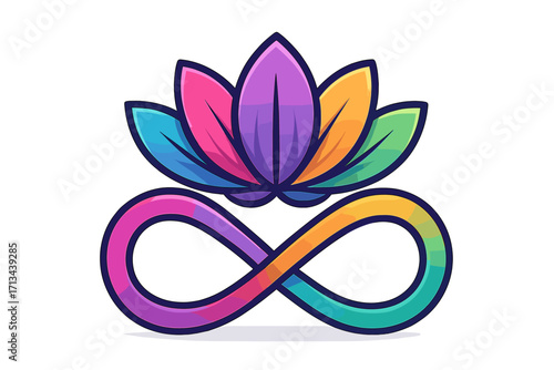 Colorful lotus on rainbow infinity symbol. Neurodiversity, autism awareness concept logo. Vector for yoga, wellness, spirituality, beauty, harmony, mind, eternal life.