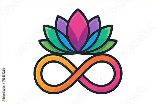 Colorful lotus flower on infinity symbol vector logo. Concept for eternal beauty, wellness, yoga, and meditation. Zen spiritual harmony icon. Endless love sign gradient.