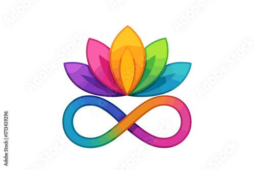 Lotus flower infinity symbol vector logo. Colorful design for beauty, spa, yoga, wellness. Represents harmony, balance, spiritual growth, and holistic health. Zen concept.