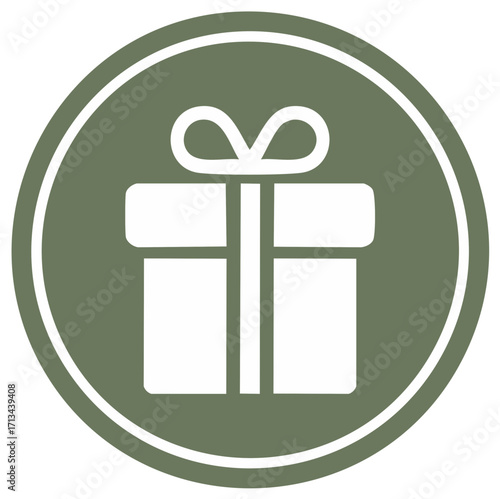 Green circle icon with white gift box symbol and ribbon for surprise and celebration