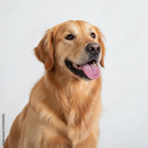 Portrait of a mature Golden Retriever dog, cheerful, studio lighting, shiny eyes and fur, full body shot.