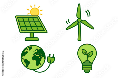 Green renewable energy icon set for sustainability. Vector cartoon illustration with solar panel, wind turbine, planet earth with plug, and eco lightbulb with plant.