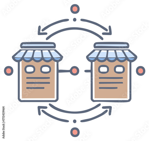 Business to business B2B partnership concept icon with two stores connected in a network