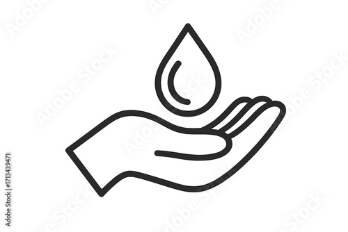 Hand holding liquid drop line art logo. Icon for water, oil, cosmetics, serum. Symbol of care, charity, conservation, purity. Skincare, hygiene, save water concept vector.