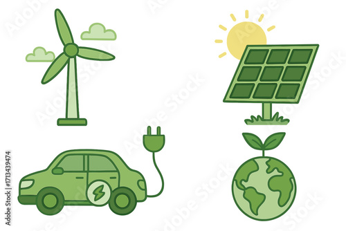 Green renewable energy icon set for sustainability. Vector illustration of wind turbine, solar panel, electric car, and eco planet. Concept of ecology and clean power.