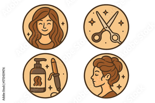 Hair salon and beauty vector icon set. Cartoon logo design elements for a hairstylist or barbershop. Woman portrait, scissors, curling iron, and elegant updo hairstyle.
