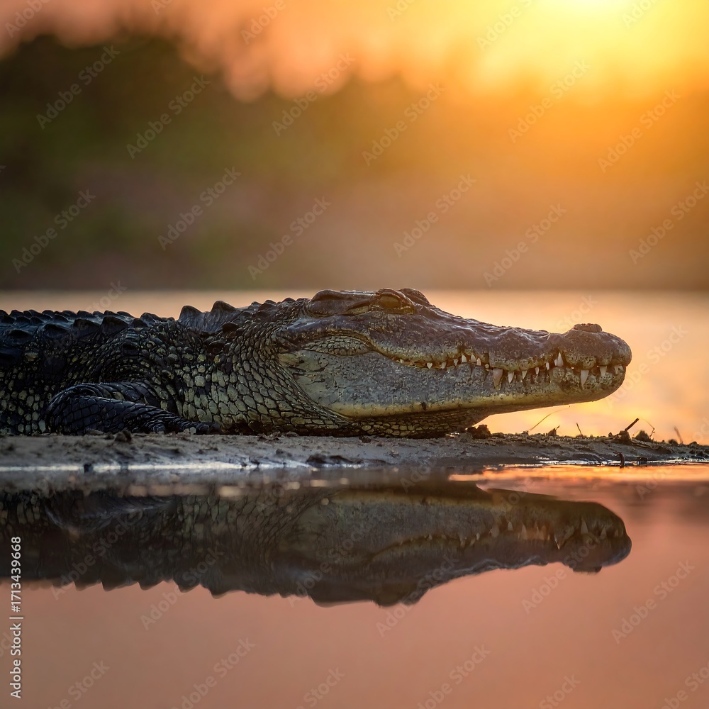 Obraz premium Crocodile at sunset by water