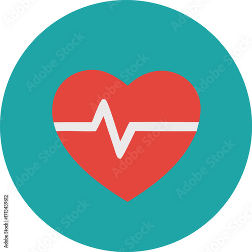 Vibrant red heartbeat icon on teal circle modern medical health care symbol abstract cardiology symbol