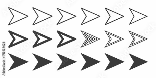 Collection of fifteen arrow icons with various styles pointing to the right direction on a white background | editable eps vectors silhouette