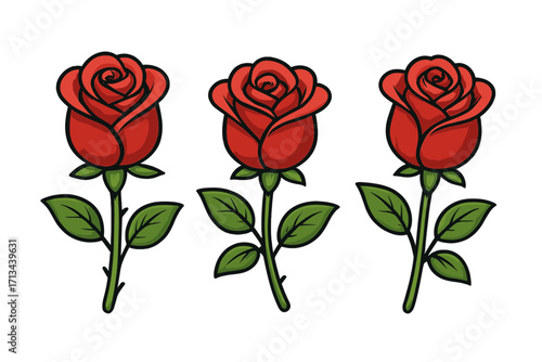 Set of three red roses vector illustration. Cartoon-style rose flower graphic element. Symbol of love, romance, passion for Valentine's Day. Isolated botanical floral design.