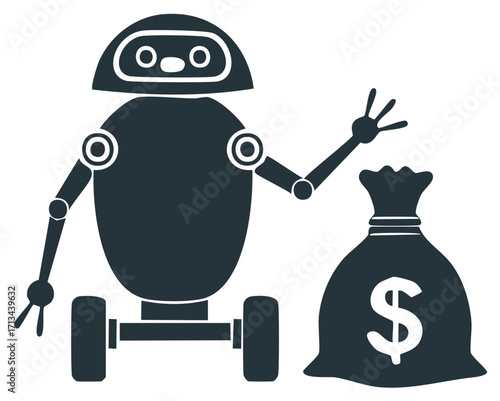 Cartoon robot with a money bag, financial investment concept